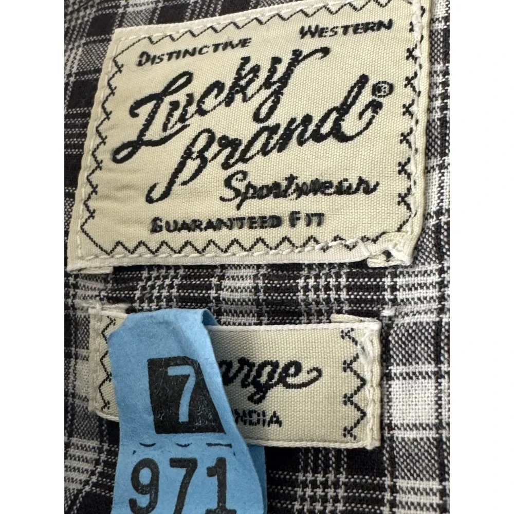Lucky Brand Black and White Plaid Western Pearl Snap Men's Cowboy Shirt Size L
